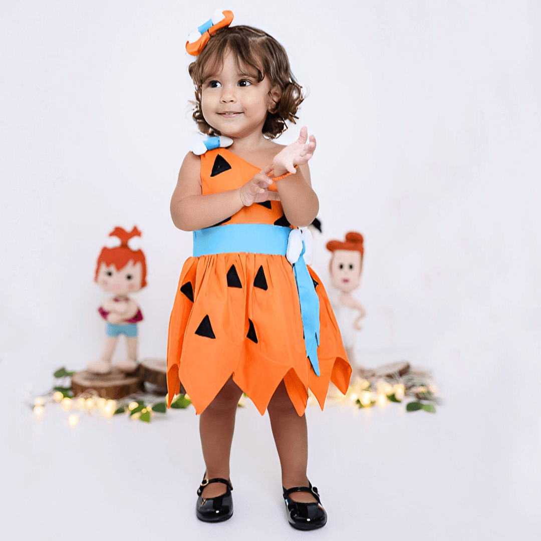 Fantasia Infantil Menina das Cavernas em Algodão com Laço para Carnaval e Aniversário