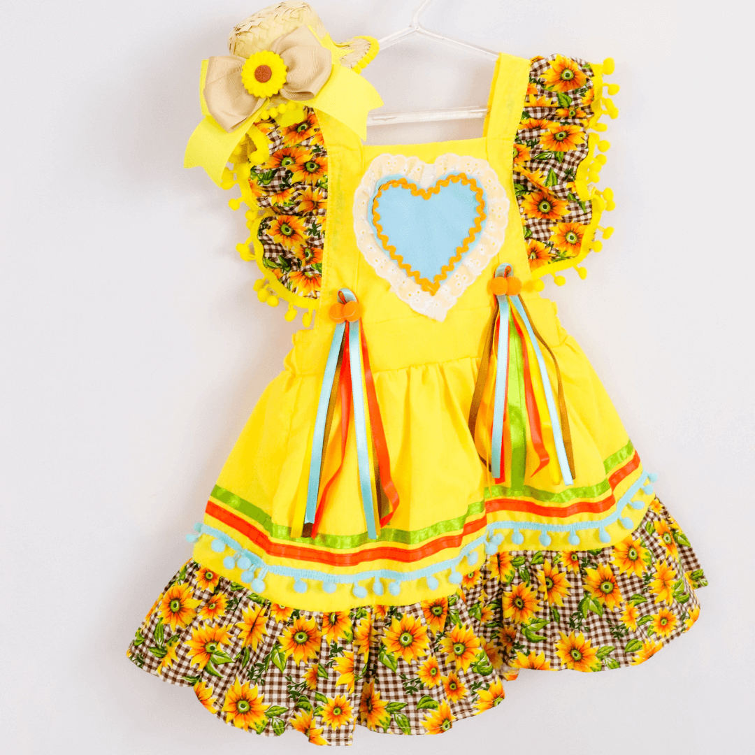 Vestido Caipira Junino Amarelo Girassol Xadrez Infantil - SACOLA DO BEBÊ