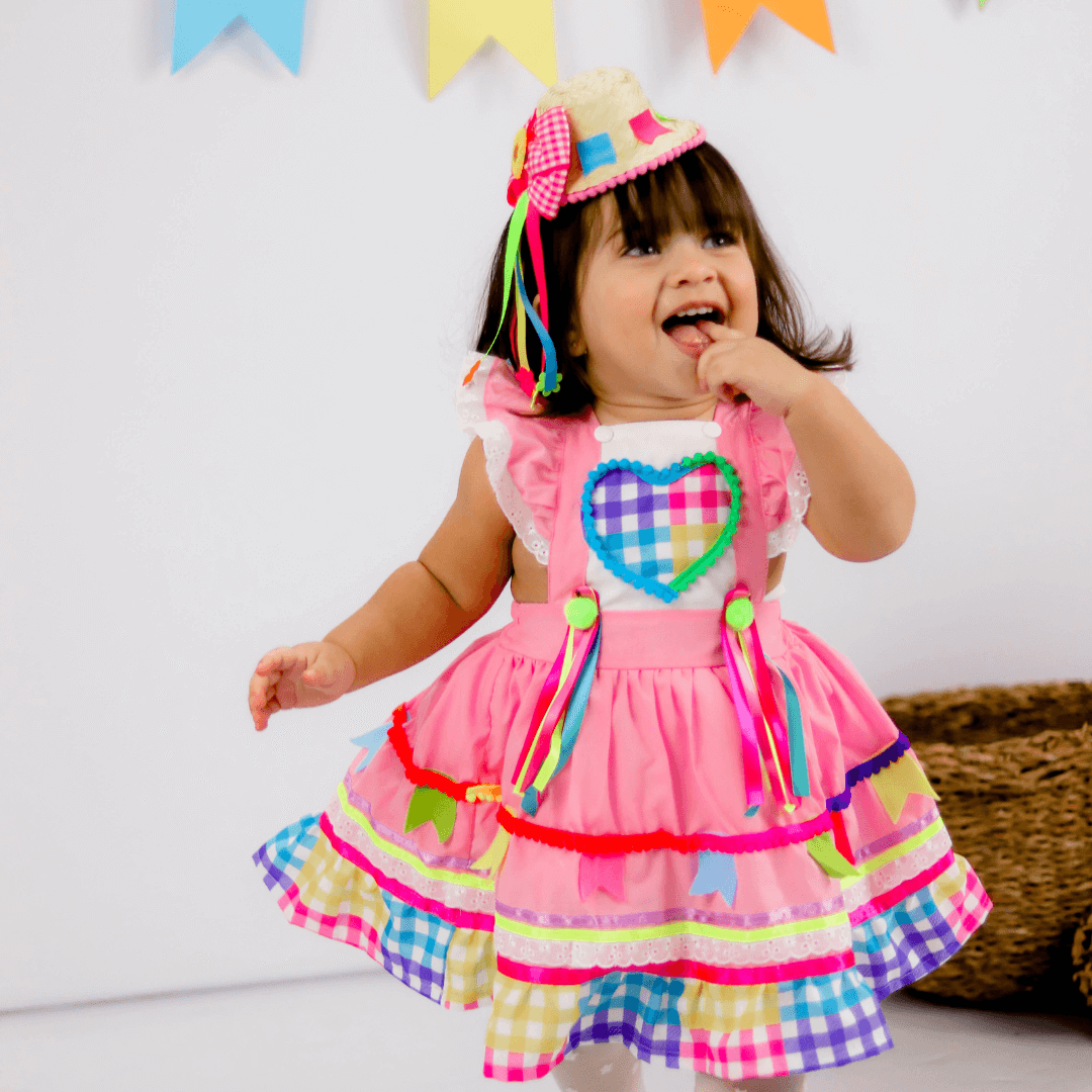 Vestido Infantil de Festa Junina Xadrez Rosa & Corações + Bolsinha