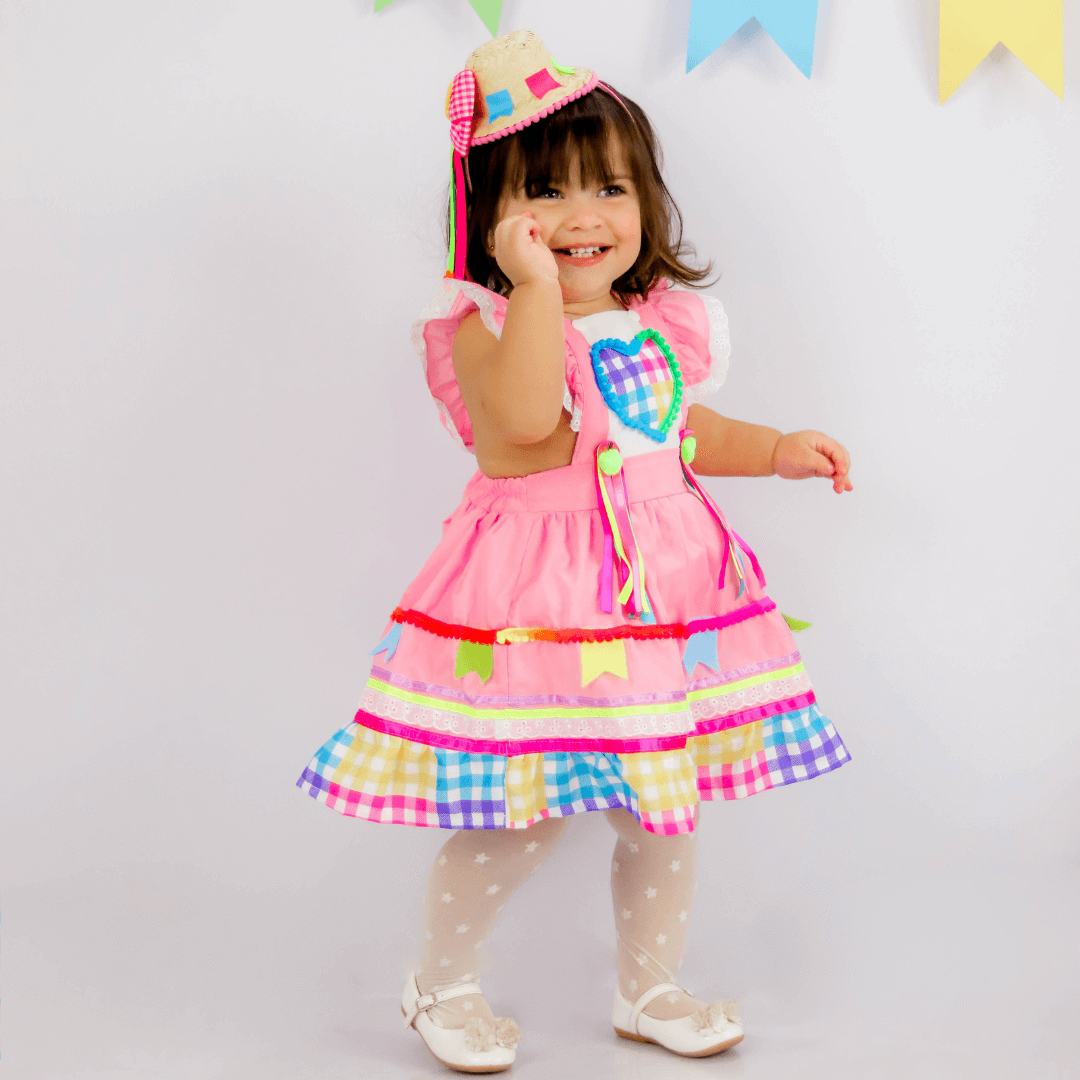 Vestido Feminino Infantil Junino Xadrez Rosa Com Flores