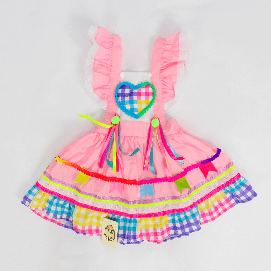 Vestido Infantil de Festa Junina Xadrez Rosa & Corações + Bolsinha