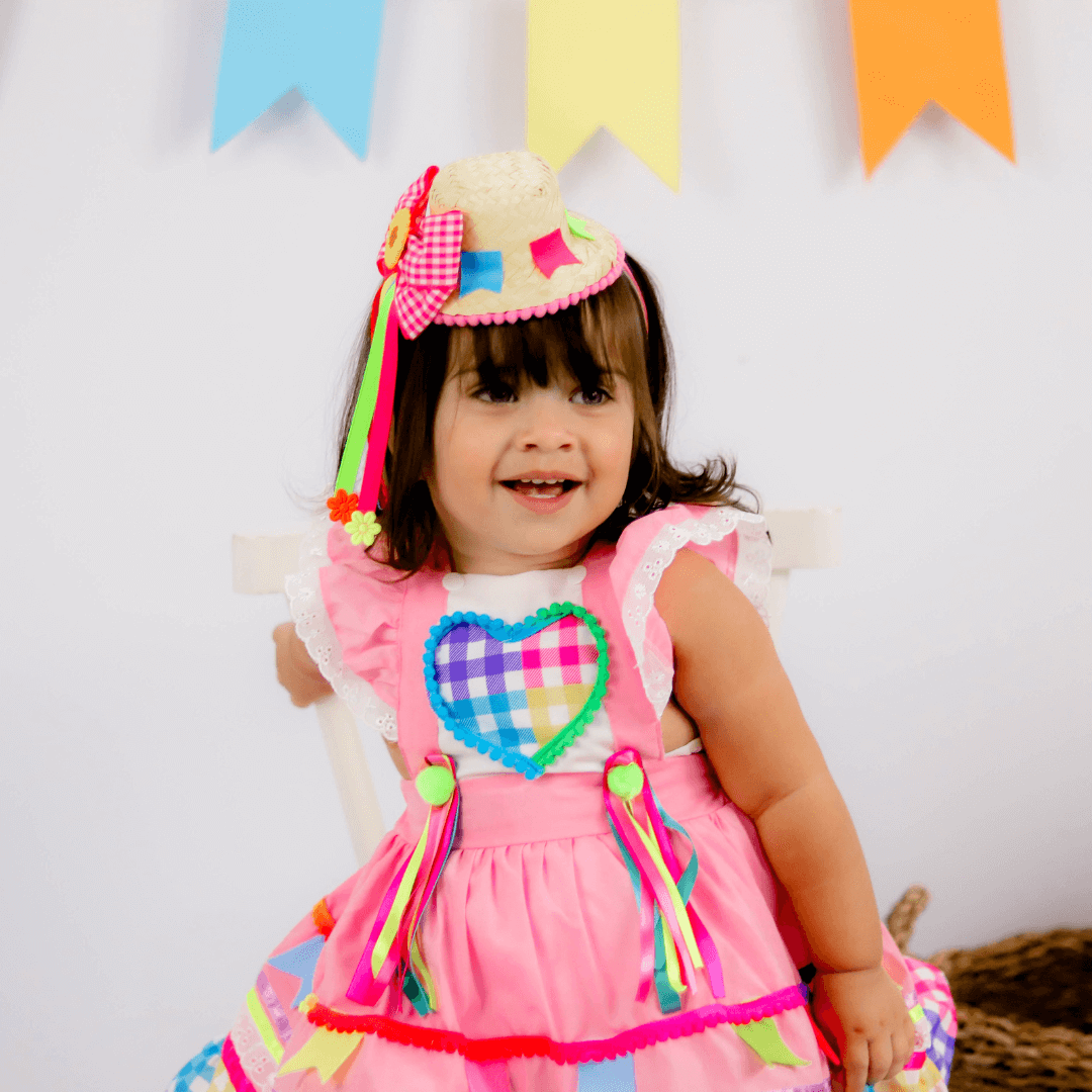 Vestido Infantil de Festa Junina Xadrez Rosa & Corações + Bolsinha