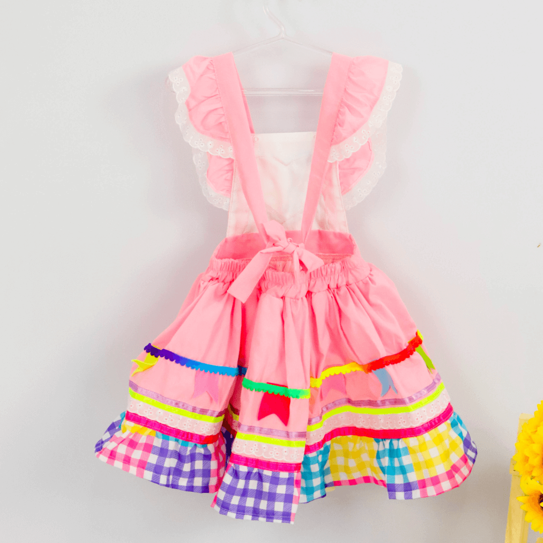 Vestido Infantil de Festa Junina Xadrez Rosa & Corações + Bolsinha