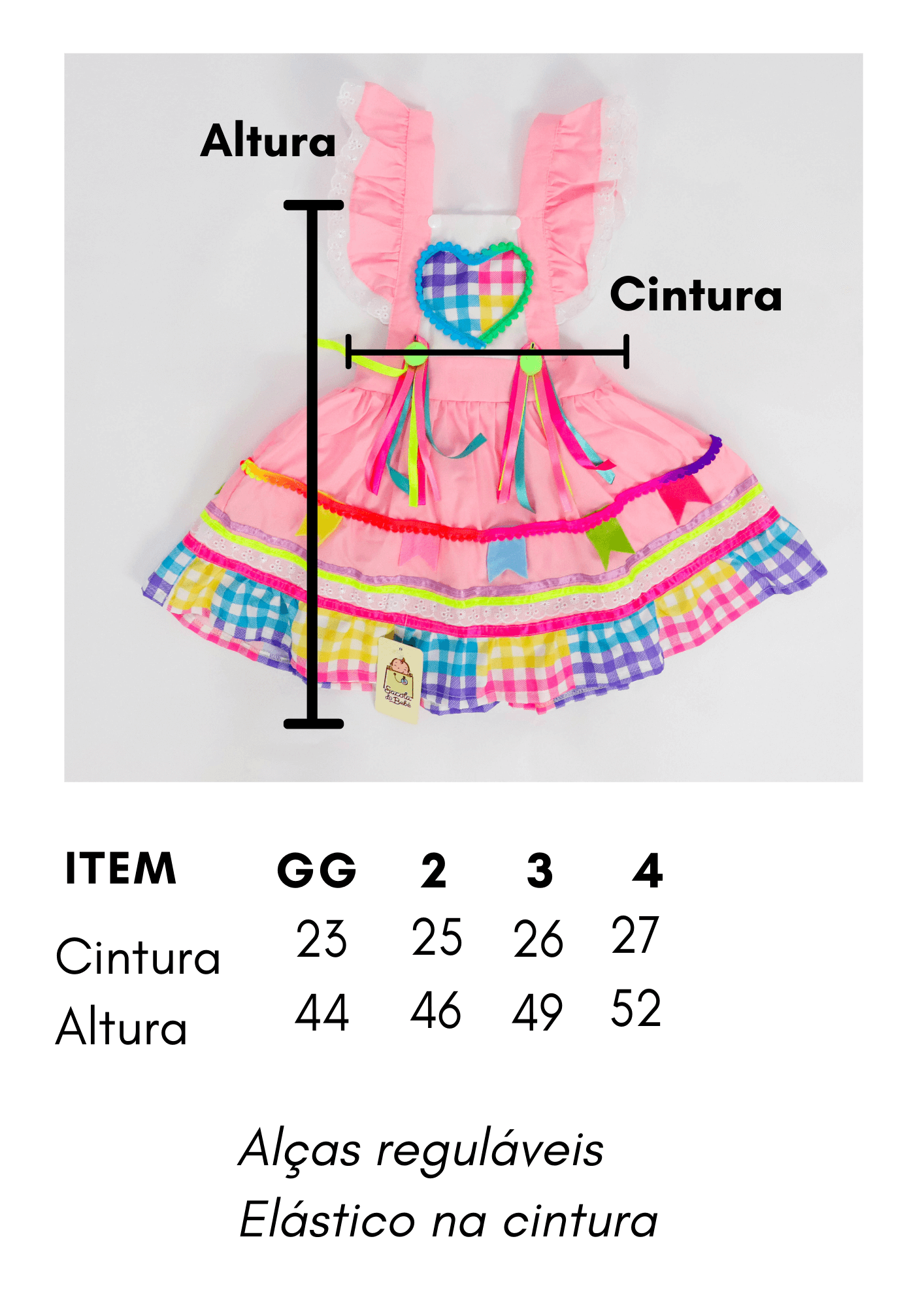 Vestido Infantil de Festa Junina Xadrez Rosa & Corações + Bolsinha