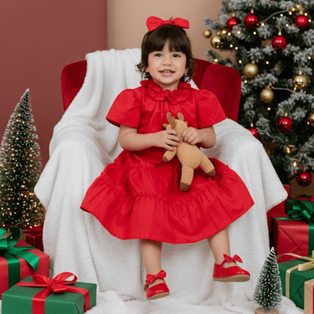 Vestido Infantil Natal Tricoline 100% Algodão com Laço
