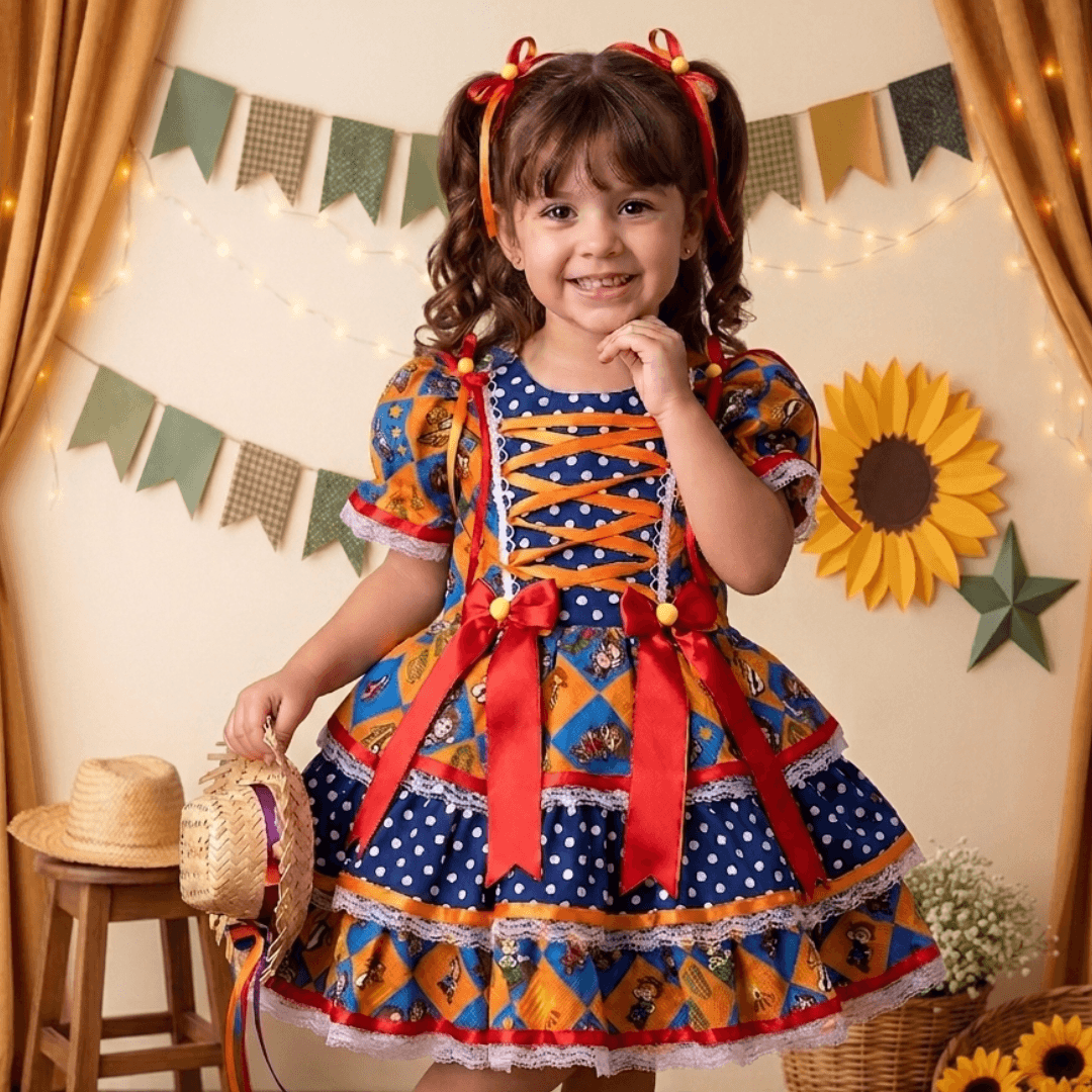 Vestido Junino Infantil em Algodão Azul e Laranja do 2 ao 8 Anos
