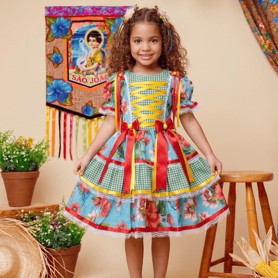 Vestido Junino Infantil Floral Premium Flor do Arraiá