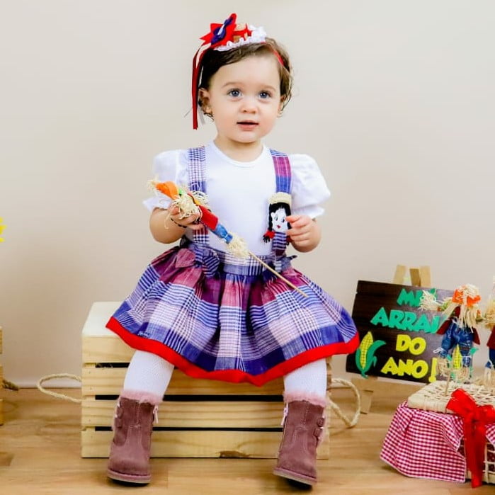 Vestido Junino Xadrez Azul e Vermelho Bebê Menina - SACOLA DO BEBÊ