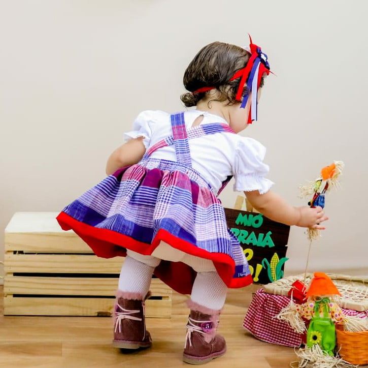 Vestido Festa Junina Bebê Xadrez Vermelho e Azul Luxo