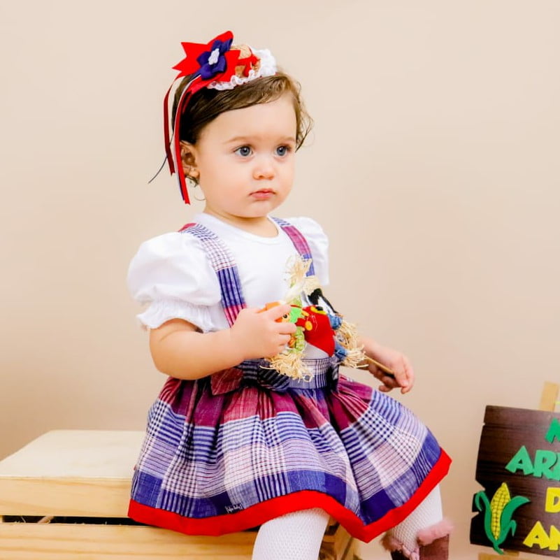 Vestido para Bebê Xadrez Festa Junina Vermelho