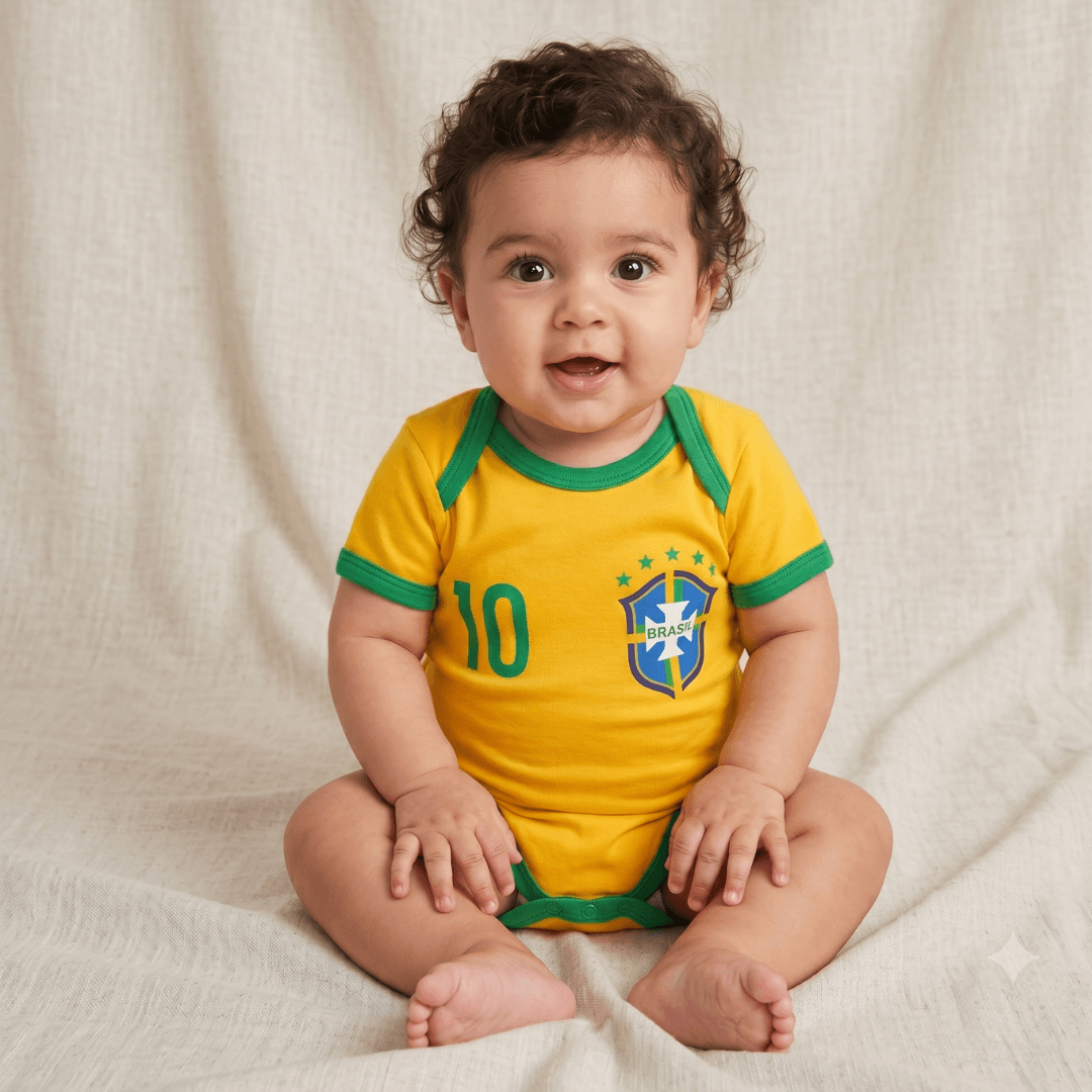 Body Copa Infantil Amarelo e Verde Bebê 100% Algodão Roupa Tema Futebol