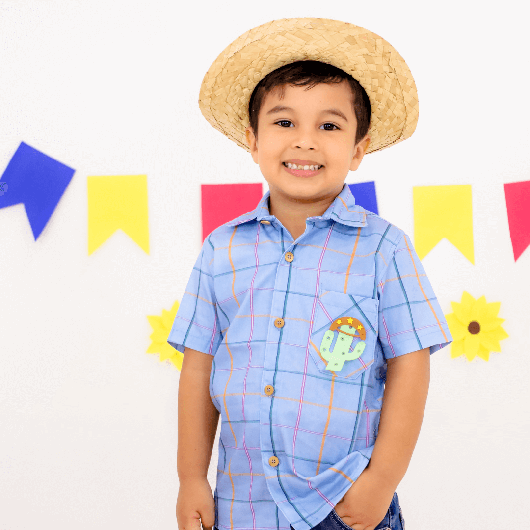 Camisa Xadrez Junina Infantil Azul com Chapéu