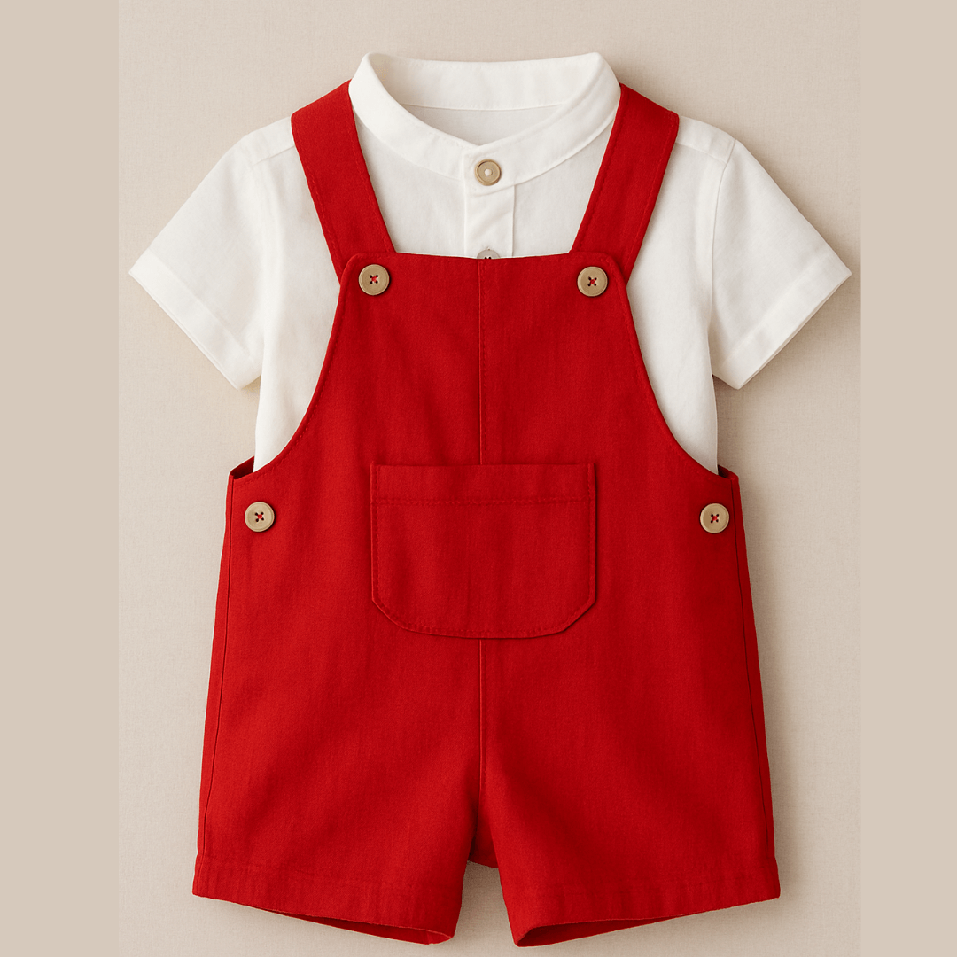 Conjunto de Natal Infantil Premium Menino – Jardineira em Linho e Camisa Branca