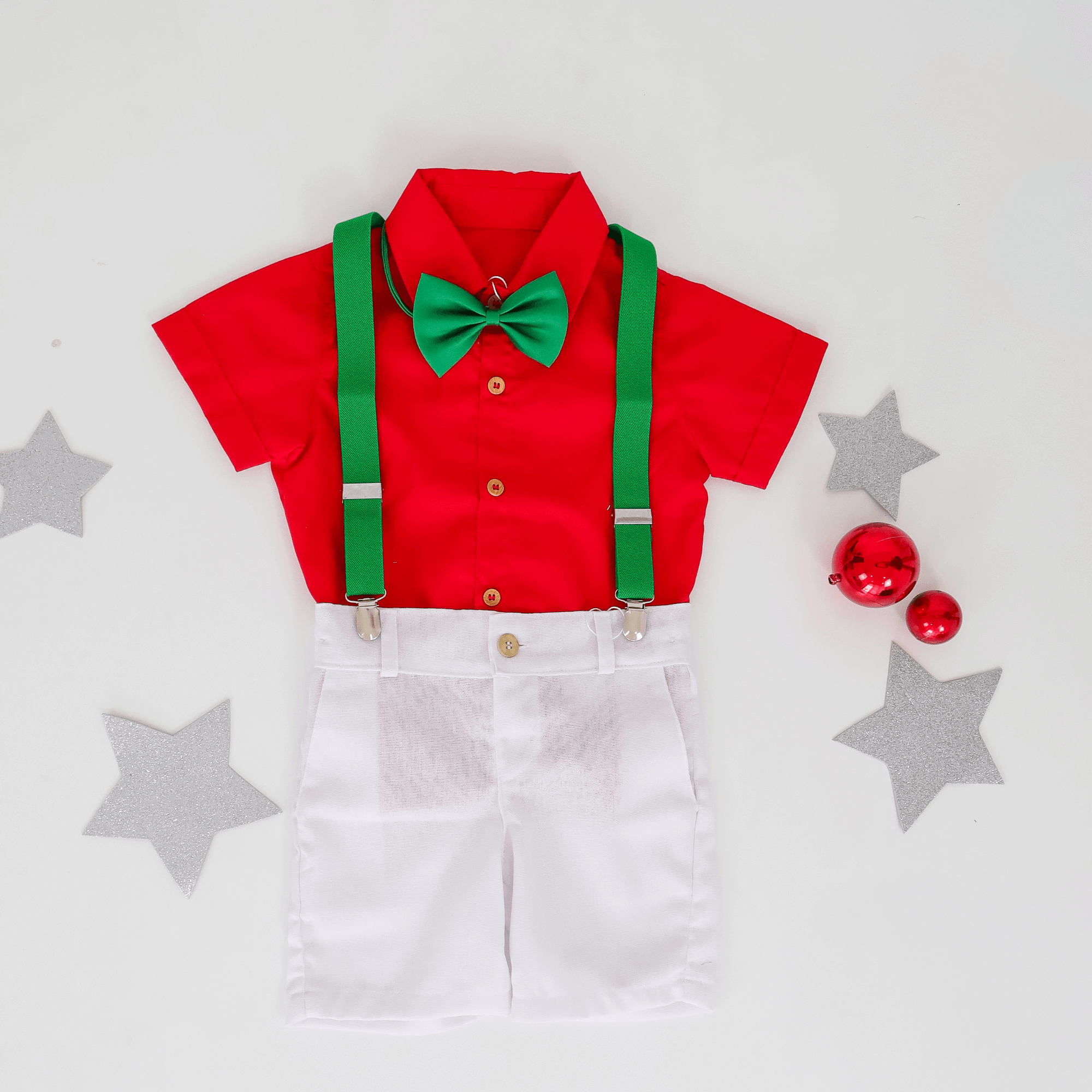 Conjunto Infantil Natalino Premium 4 Peças – Camisa em Algodão e Bermuda em Linho