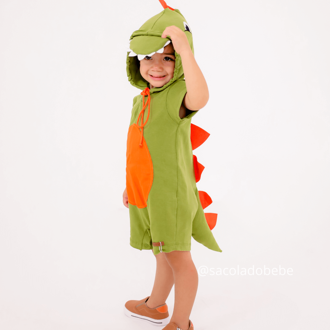 Fantasia Dinossauro Verde Claro com Capuz Bordado