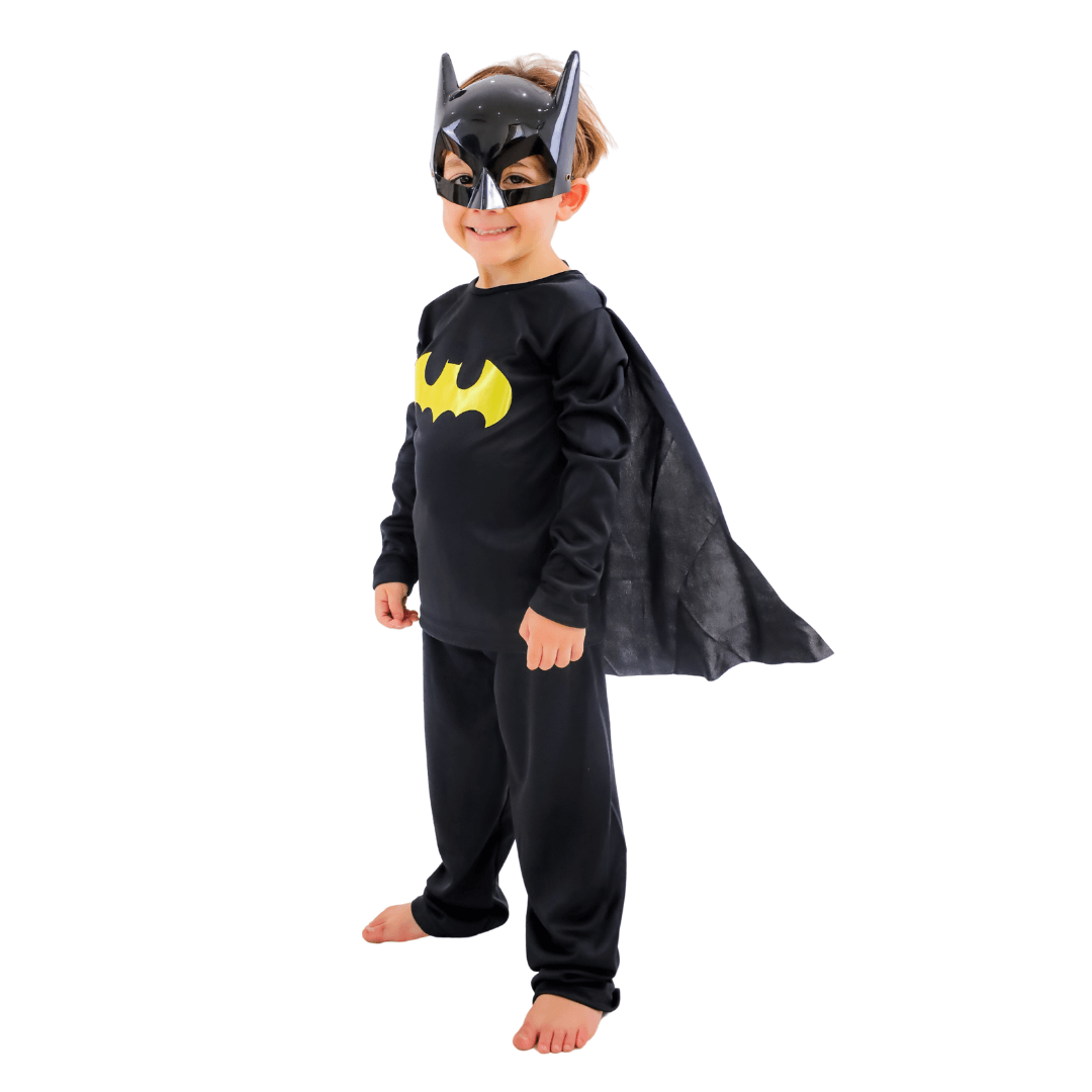 Fantasia Infantil Herói Morcego Preta com Capa e Máscara - Look Completo – 2 a 6 Anos