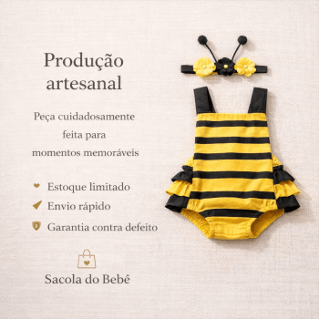 Fantasia Abelhinha Bebê 100% Algodão com Tiara