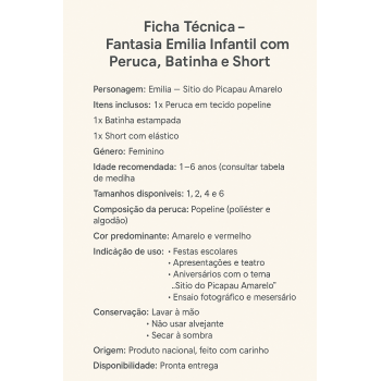 Fantasia Emília Infantil Menina – Boneca de Pano com Peruca