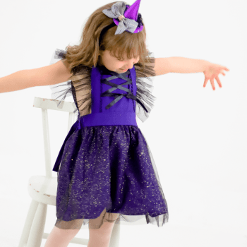 Fantasia Infantil Bruxinha Halloween Menina Roxa e Preta