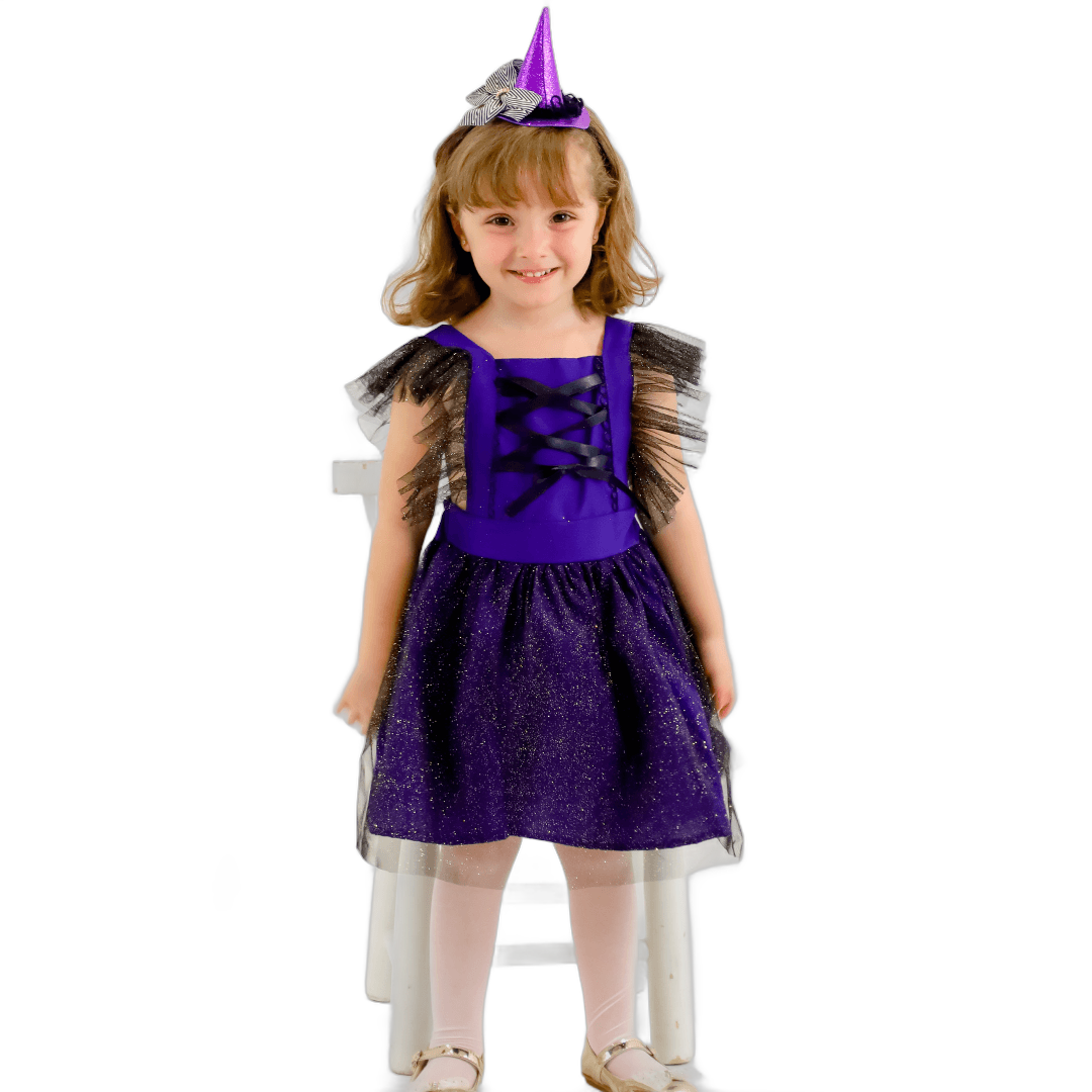 Fantasia Infantil Bruxinha Halloween Menina Roxa e Preta
