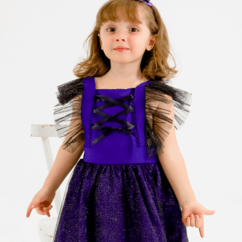 Fantasia Infantil Bruxinha Halloween Menina Roxa e Preta