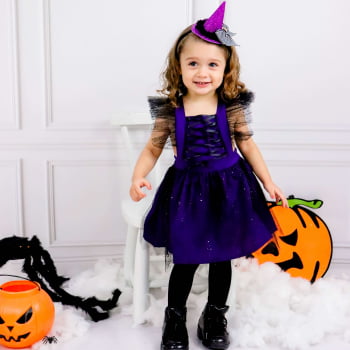 Fantasia Halloween Preta e Roxa Bebê Menina
