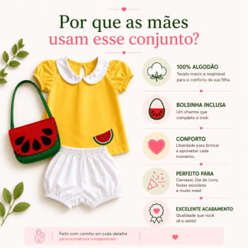 Fantasia Infantil Melancia para Menina em Algodão com Bolsinha | 2 e 4 Anos