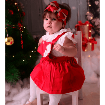 Jardineira Primeiro Natal Bebê Menina com Body
