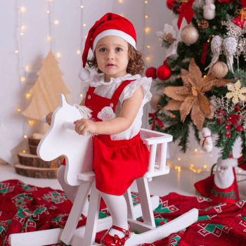 Jardineira Primeiro Natal Bebê Menina com Body