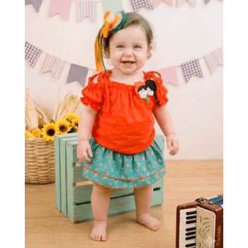 Roupa Junina Bebê Menina em Algodão com Short Saia e Lacinho