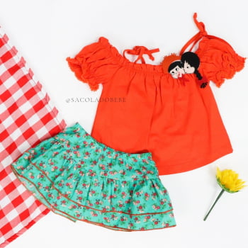 Roupa Junina Bebê Menina Caipira em Algodão com Short Saia e Lacinho