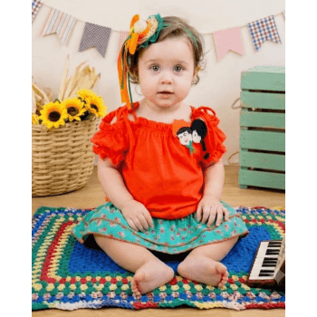 Roupa Junina Bebê Menina Caipira em Algodão com Short Saia e Lacinho