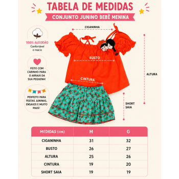 Roupa Junina Bebê Menina Caipira em Algodão com Short Saia e Lacinho