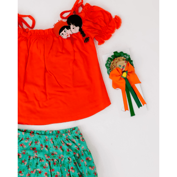 Roupa Junina Bebê Menina Caipira em Algodão com Short Saia e Lacinho