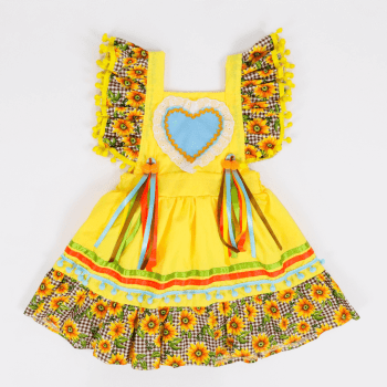 Vestido Caipira Junino Amarelo Girassol Xadrez Infantil