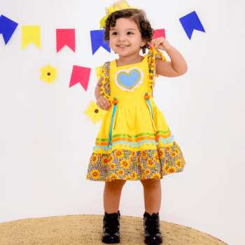 Vestido Caipira Junino Amarelo Girassol Xadrez Infantil