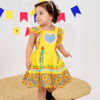 Vestido Caipira Junino Amarelo Girassol Xadrez Infantil