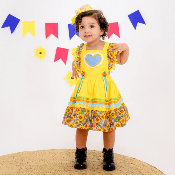 Vestido Caipira Junino Amarelo Girassol Xadrez Infantil
