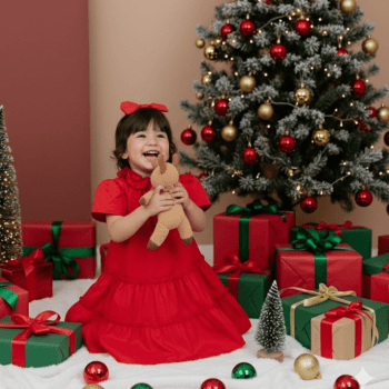 Vestido Infantil Natal Tricoline 100% Algodão com Laço