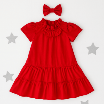 Vestido Infantil Natal Tricoline 100% Algodão com Laço