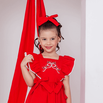 Vestido Infantil Natalino Vermelho 100% Algodão com Laço – Do 1 ao 10 Anos