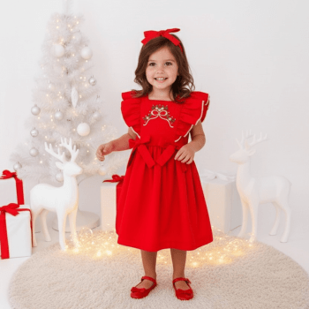 Vestido Infantil Natalino Vermelho 100% Algodão com Laço – Do 1 ao 10 Anos