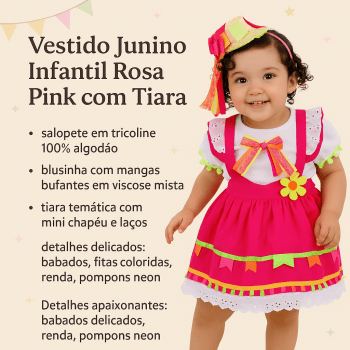 Vestido Junino Caipira Rosa Pink Infantil