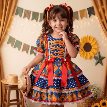Vestido Junino Infantil em Algodão Azul e Laranja | 2 ao 8 Anos