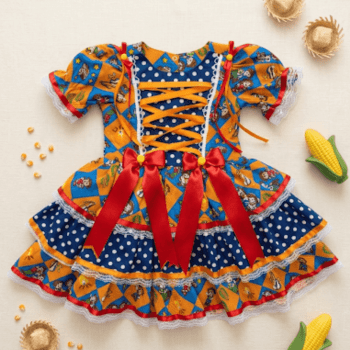 Vestido Junino Infantil em Algodão Azul e Laranja do 2 ao 8 Anos