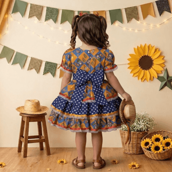Vestido Junino Infantil em Algodão Azul e Laranja do 2 ao 8 Anos