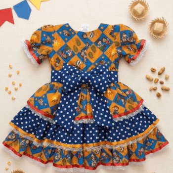 Vestido Junino Infantil em Algodão Azul e Laranja do 2 ao 8 Anos