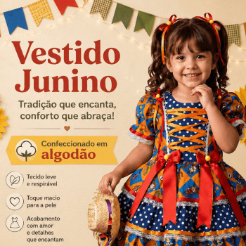 Vestido Junino Infantil em Algodão Azul e Laranja do 2 ao 8 Anos