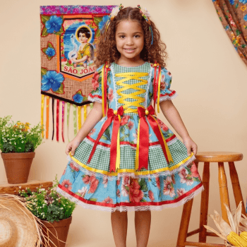 Vestido Junino Infantil Floral Premium Flor do Arraiá em Algodão