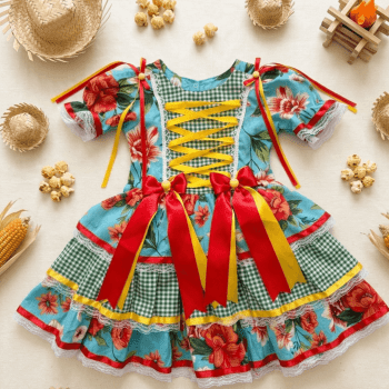 Vestido Junino Infantil Floral Premium Flor do Arraiá